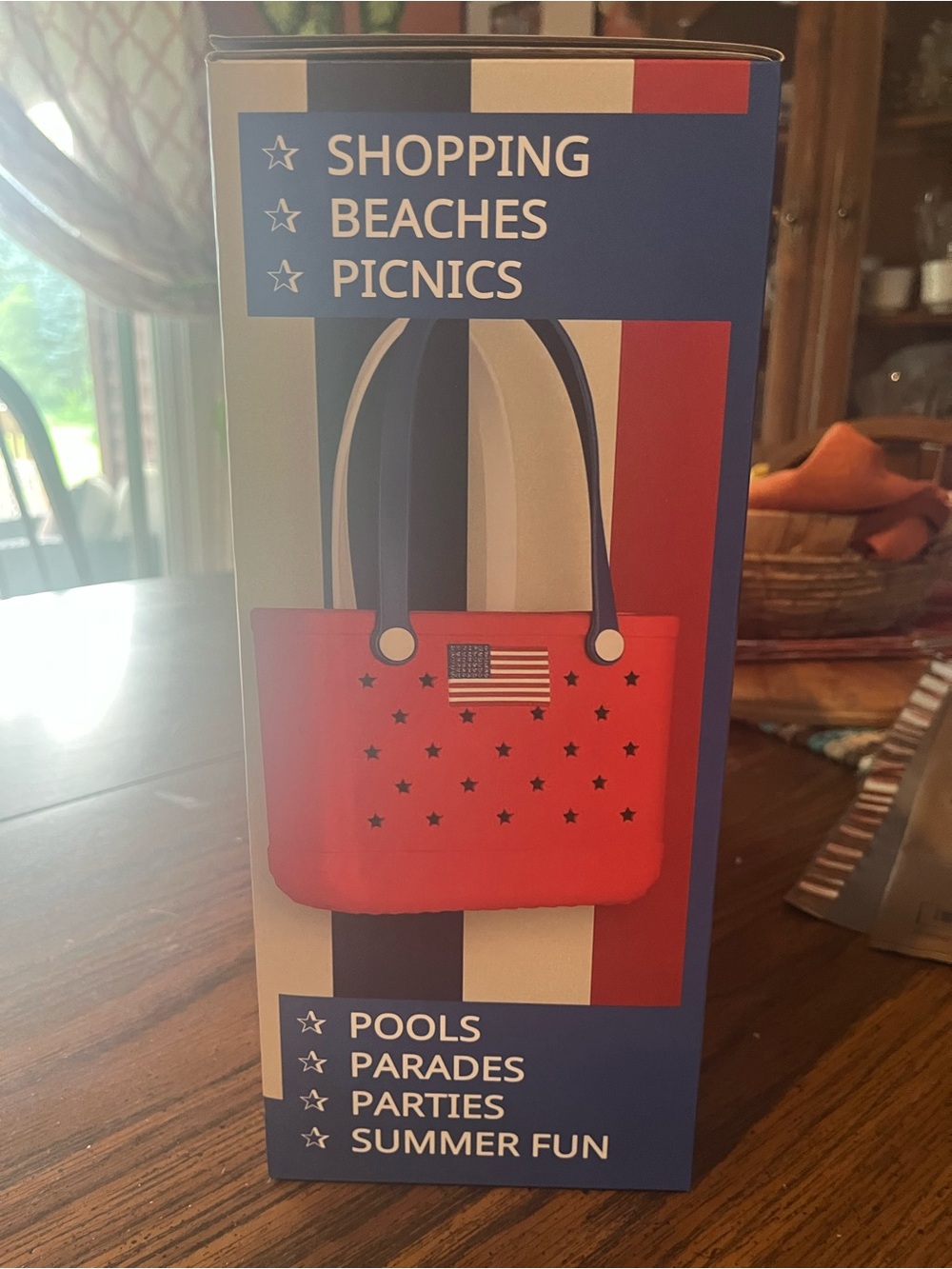 Patriotic Red Tote Bag with Flag Accent
